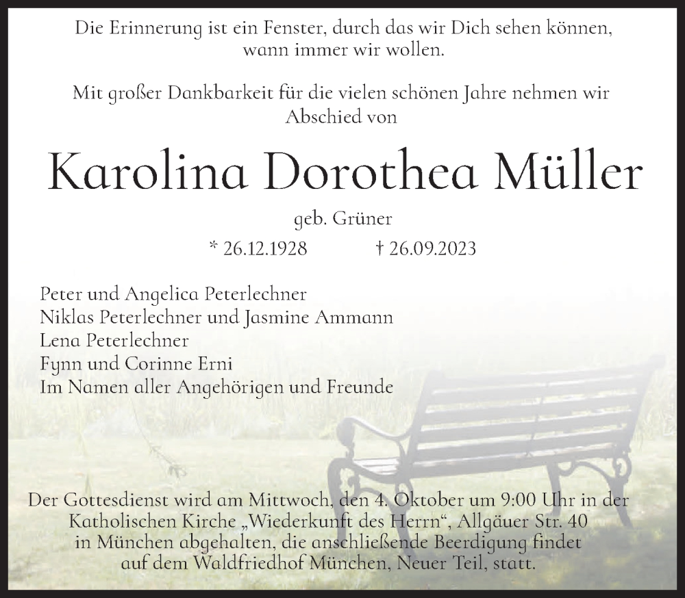  Traueranzeige für Karolina Dorothea Müller vom 30.09.2023 aus Süddeutsche Zeitung