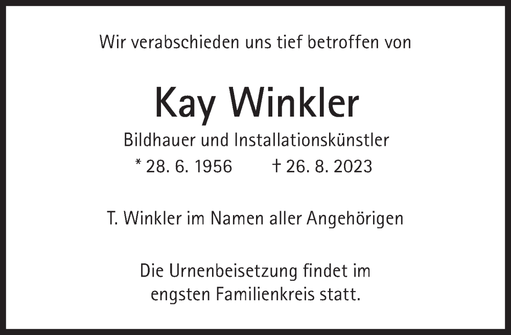  Traueranzeige für Kay Winkler vom 16.09.2023 aus Süddeutsche Zeitung