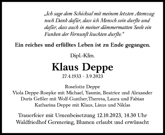 Traueranzeige von Klaus Deppe von Süddeutsche Zeitung