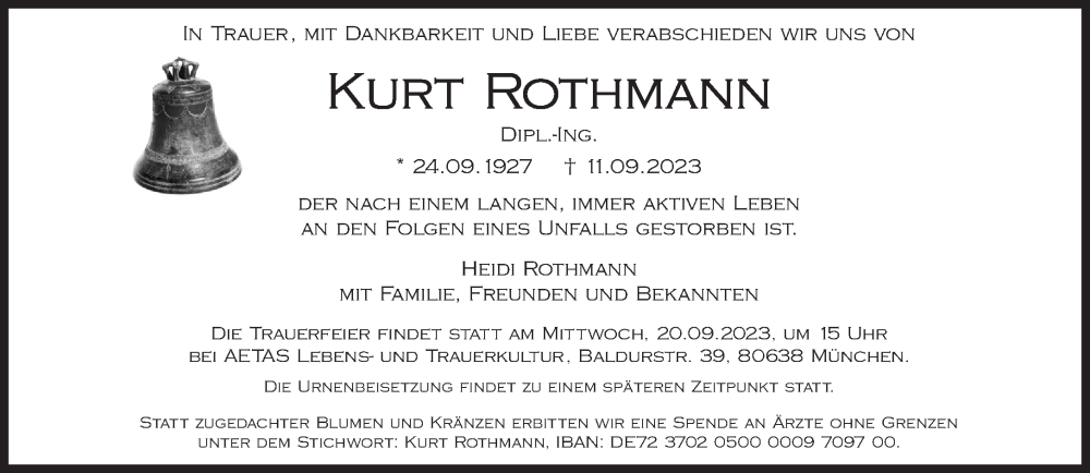  Traueranzeige für Kurt Rothmann vom 16.09.2023 aus Süddeutsche Zeitung