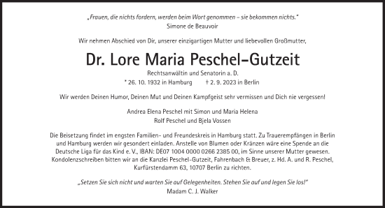 Traueranzeige von Lore Maria Peschel-Gutzeit von Süddeutsche Zeitung