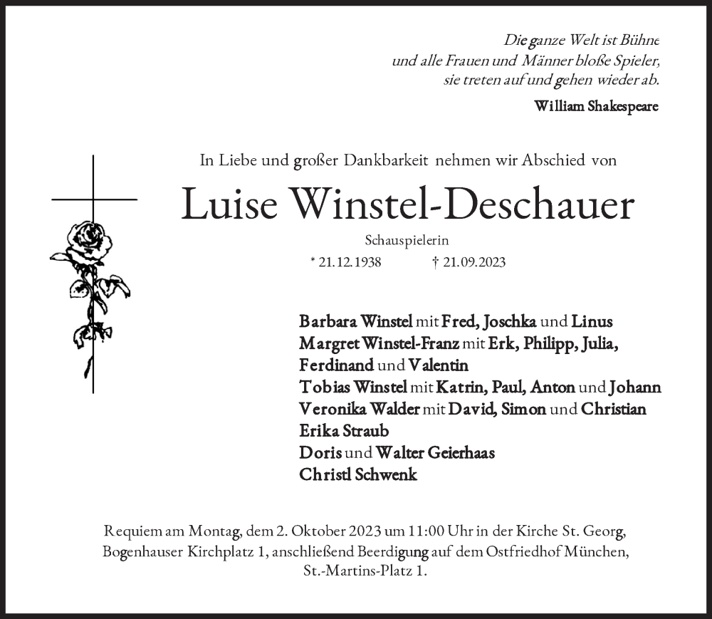  Traueranzeige für Luise Winstel-Deschauer vom 27.09.2023 aus Süddeutsche Zeitung