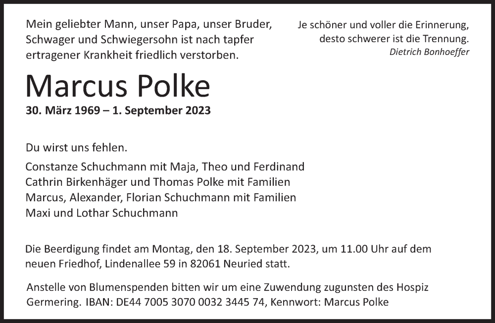  Traueranzeige für Marcus Polke vom 09.09.2023 aus Süddeutsche Zeitung