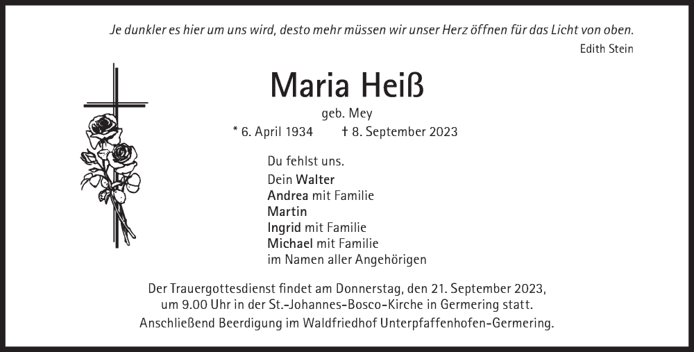  Traueranzeige für Maria Heiß vom 16.09.2023 aus Süddeutsche Zeitung