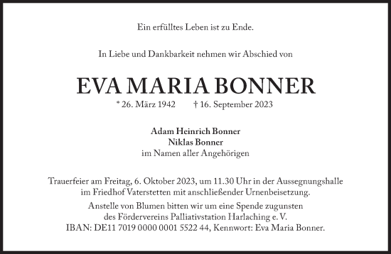 Traueranzeige von Maria Eva Bonner  von Süddeutsche Zeitung