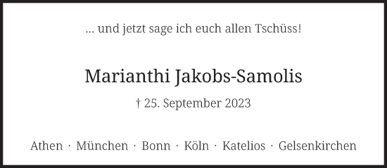 Traueranzeige von Marianthi Jakobs-Samolis von Süddeutsche Zeitung