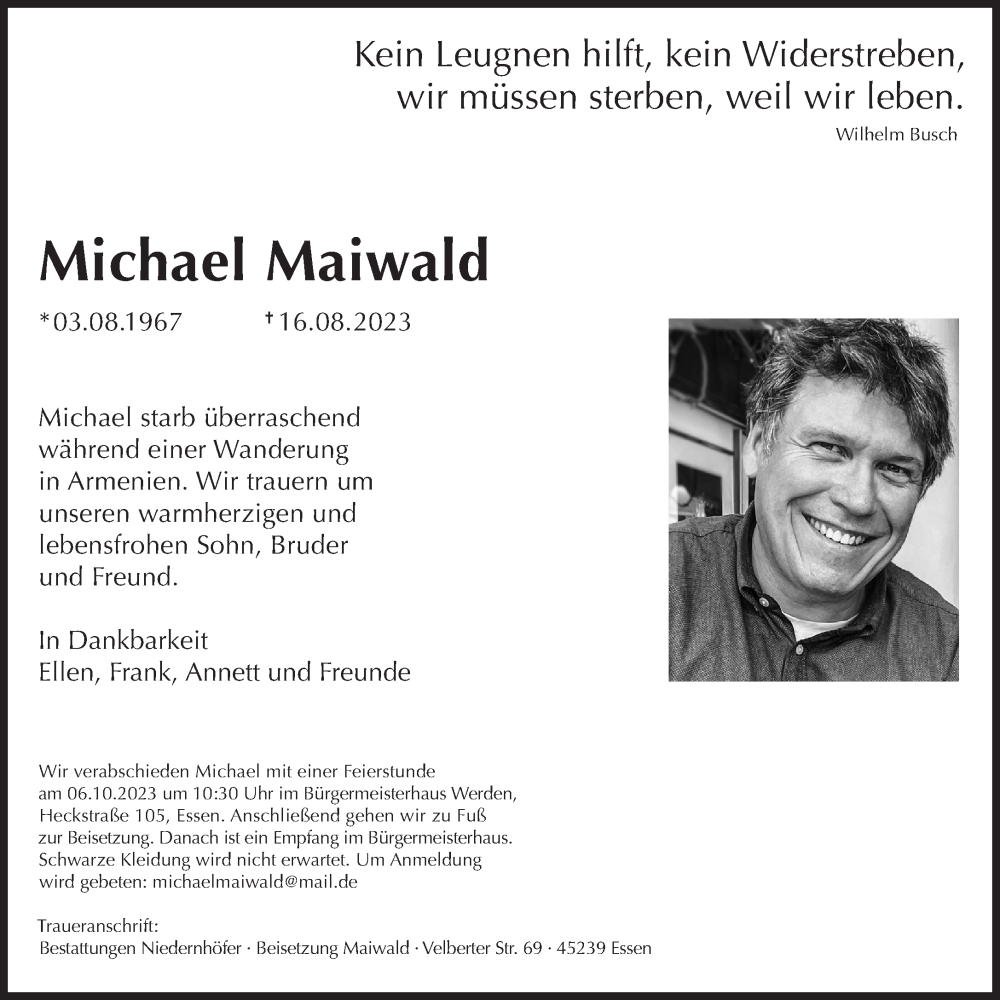  Traueranzeige für Michael Maiwald vom 09.09.2023 aus Süddeutsche Zeitung