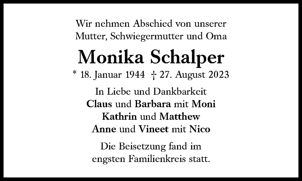  Traueranzeige für Monika Schalper vom 16.09.2023 aus Süddeutsche Zeitung