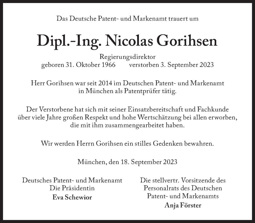  Traueranzeige für Nicolas Gorihsen vom 20.09.2023 aus Süddeutsche Zeitung