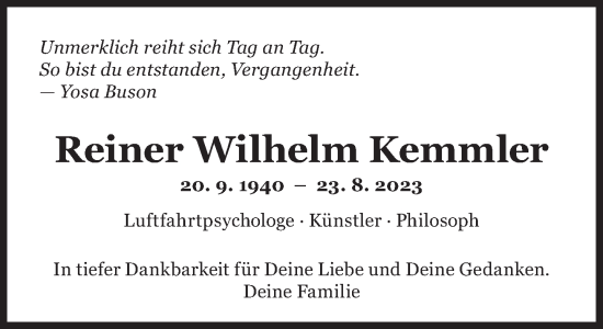 Traueranzeige von Reiner Wilhelm Kemmler von Süddeutsche Zeitung