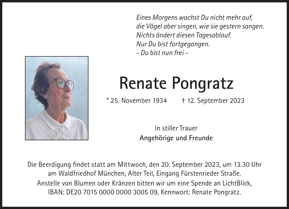  Traueranzeige für Renate Pongratz vom 16.09.2023 aus Süddeutsche Zeitung