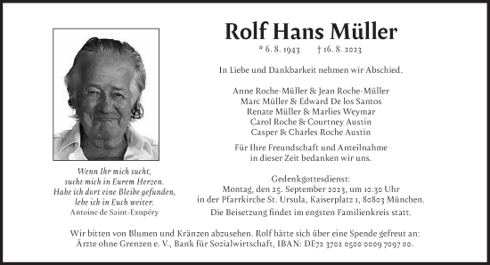 Traueranzeige von Rolf Hans Müller von Süddeutsche Zeitung