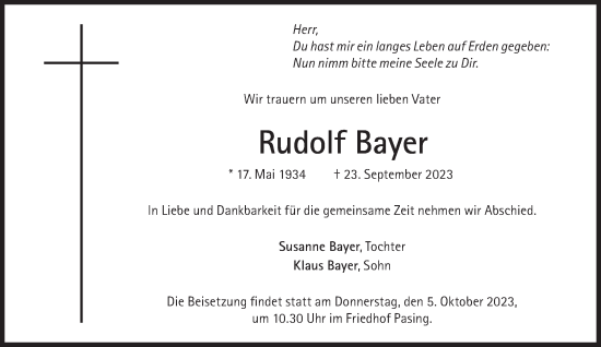 Traueranzeige von Rudolf Bayer von Süddeutsche Zeitung