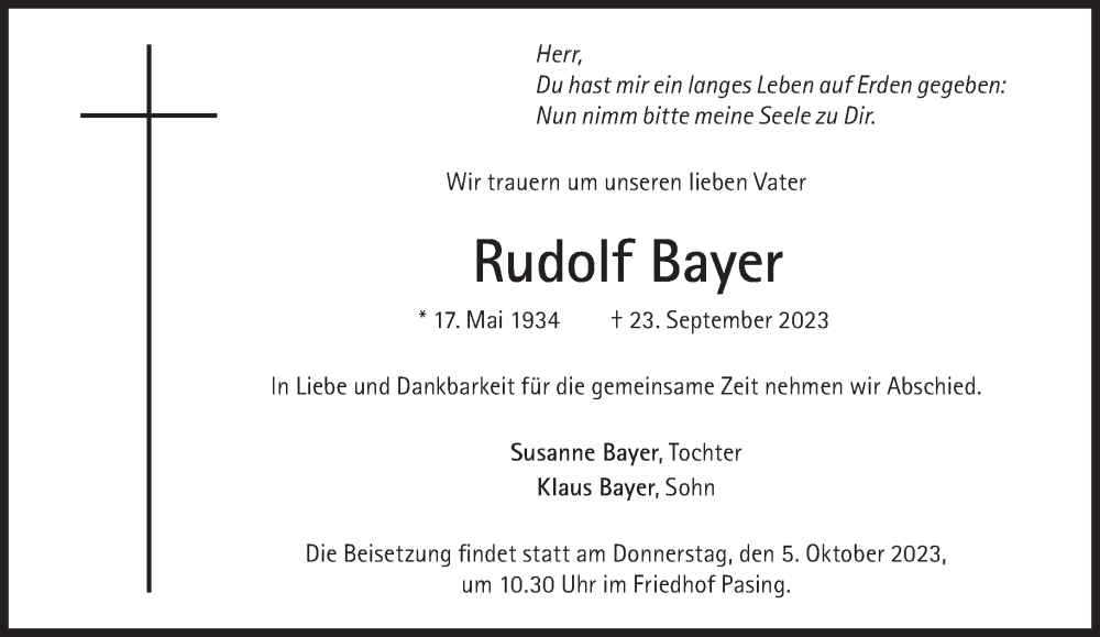  Traueranzeige für Rudolf Bayer vom 30.09.2023 aus Süddeutsche Zeitung