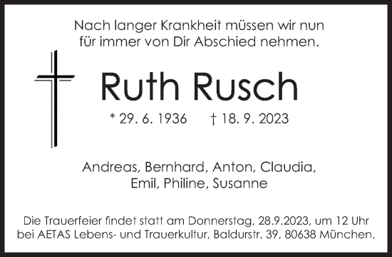 Traueranzeige von Ruth Rusch von Süddeutsche Zeitung