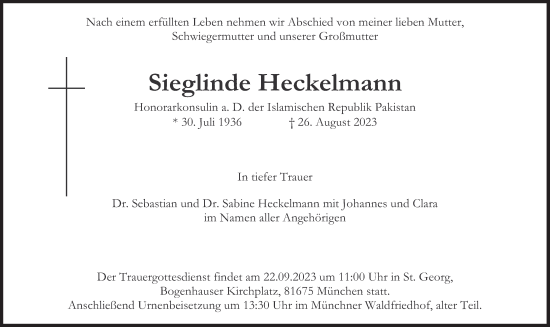 Traueranzeige von Sieglinde Heckelmann von Süddeutsche Zeitung