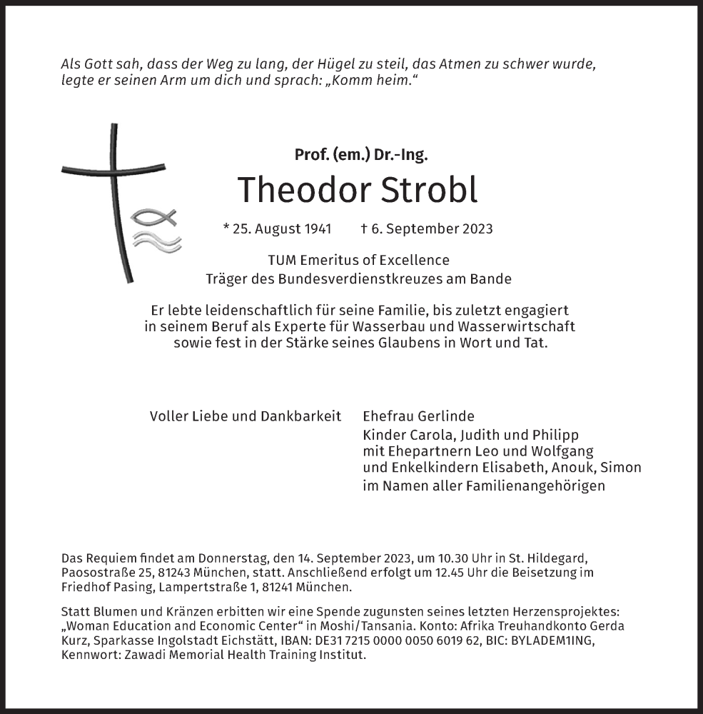  Traueranzeige für Theodor Strobl vom 09.09.2023 aus Süddeutsche Zeitung