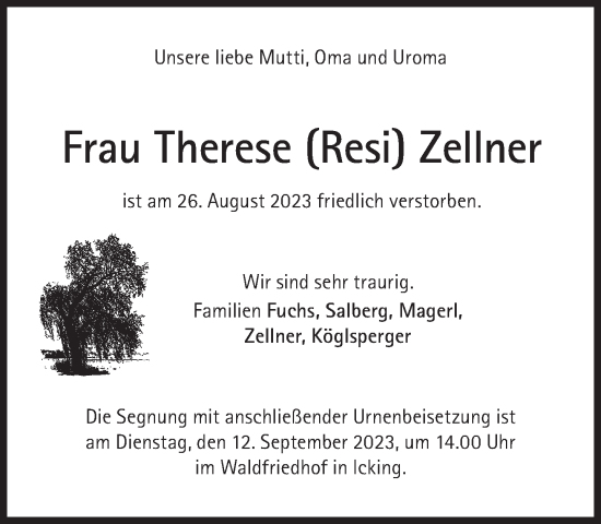 Traueranzeige von Therese Zellner von Süddeutsche Zeitung