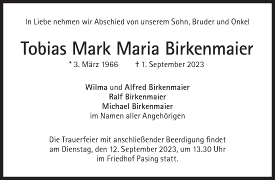 Traueranzeige von Tobias Mark Maria Birkenmaier von Süddeutsche Zeitung