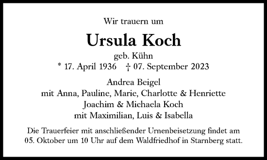 Traueranzeige von Ursula Koch von Süddeutsche Zeitung