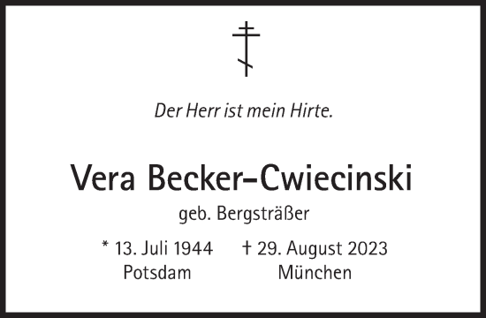 Traueranzeige von Vera Becker-Cwiecinski von Süddeutsche Zeitung