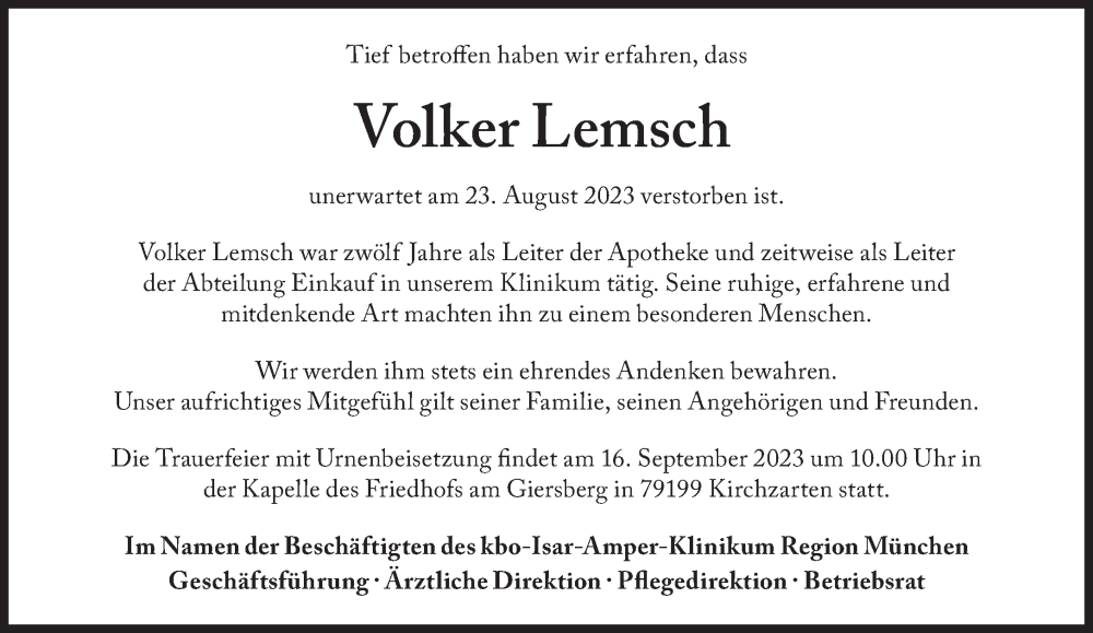  Traueranzeige für Volker Lemsch vom 13.09.2023 aus Süddeutsche Zeitung