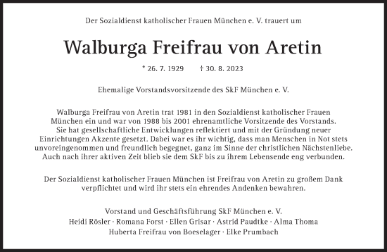 Traueranzeige von Walburga Freifrau von Aretin von Süddeutsche Zeitung