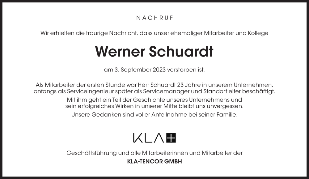  Traueranzeige für Werner Schuardt vom 16.09.2023 aus Süddeutsche Zeitung