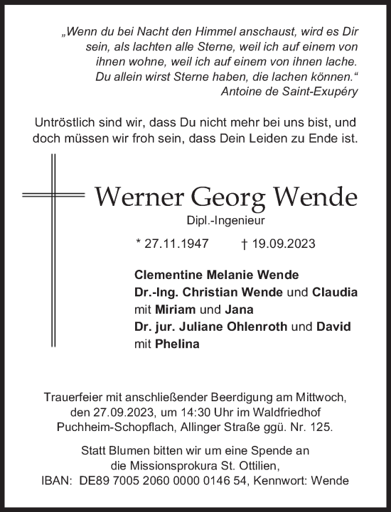 Traueranzeige von Werner Georg Wende von Süddeutsche Zeitung