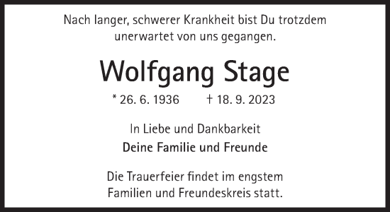 Traueranzeige von Wolfgang Stage von Süddeutsche Zeitung