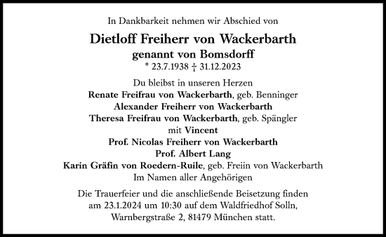 Traueranzeige von Dietloff Freiherr von Wackerbarth genannt von Bomsdorff  von Süddeutsche Zeitung