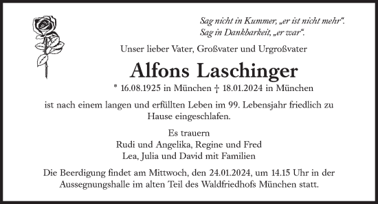Traueranzeige von Alfons Laschinger von Süddeutsche Zeitung