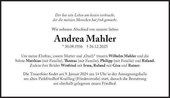 Traueranzeige von Andrea Mahler von Süddeutsche Zeitung