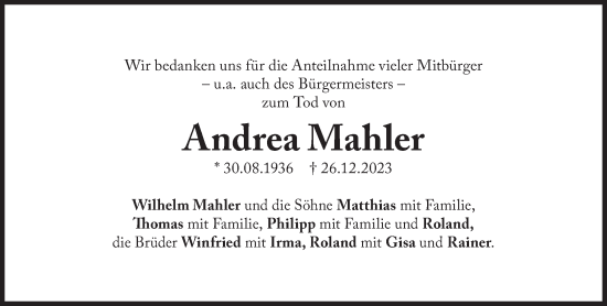 Traueranzeige von Andrea Mahler von Süddeutsche Zeitung