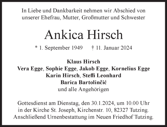 Traueranzeige von Ankica Hirsch von Süddeutsche Zeitung