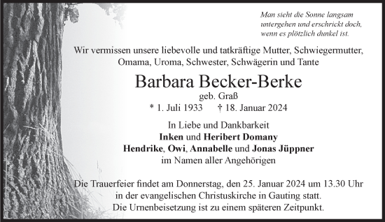 Traueranzeige von Barbara Becker-Berke von Süddeutsche Zeitung