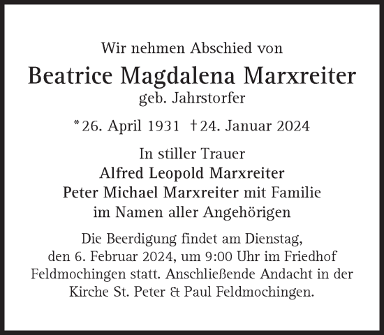 Traueranzeige von Beatrice Magdalena Marxreiter von Süddeutsche Zeitung
