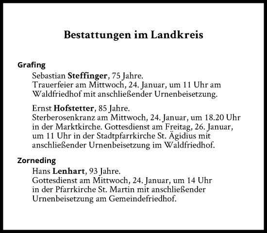 Traueranzeige von Bestattungen vom 24.01.2024 von Süddeutsche Zeitung