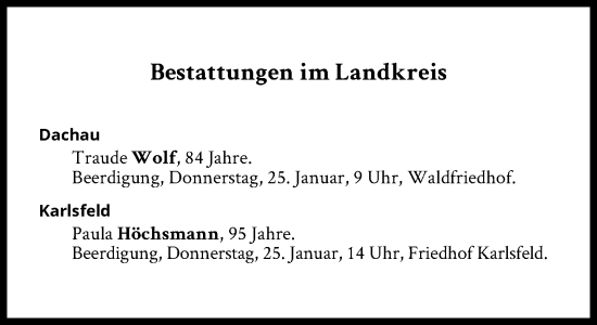 Traueranzeige von Bestattungen vom 25.01.2024 von Süddeutsche Zeitung