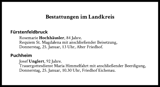 Traueranzeige von Bestattungen vom 25.01.2024 von Süddeutsche Zeitung