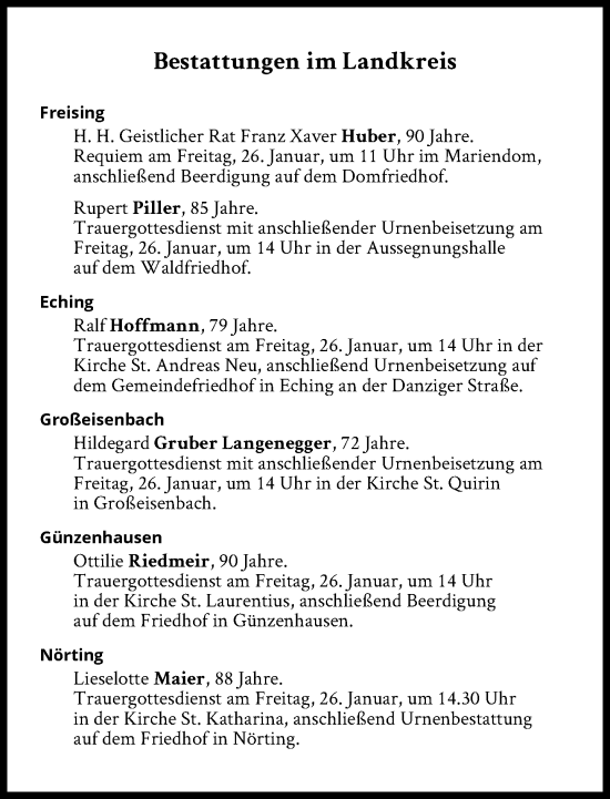 Traueranzeige von Bestattungen vom 26.01.2024 von Süddeutsche Zeitung