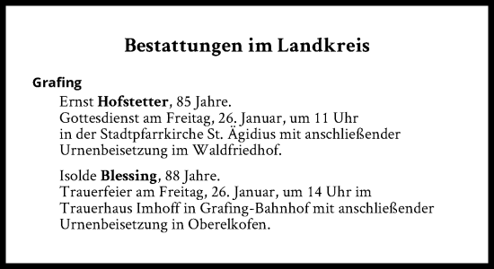 Traueranzeige von Bestattungen vom 26.01.2024 von Süddeutsche Zeitung