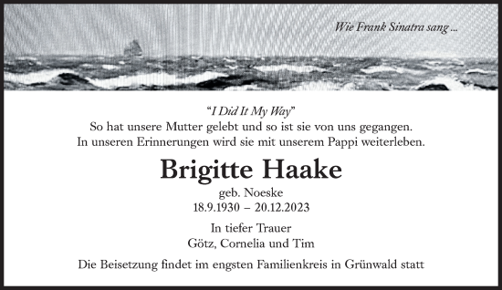 Traueranzeige von Brigitte Haake von Süddeutsche Zeitung