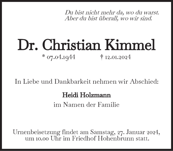 Traueranzeige von Christian Kimmel von Süddeutsche Zeitung