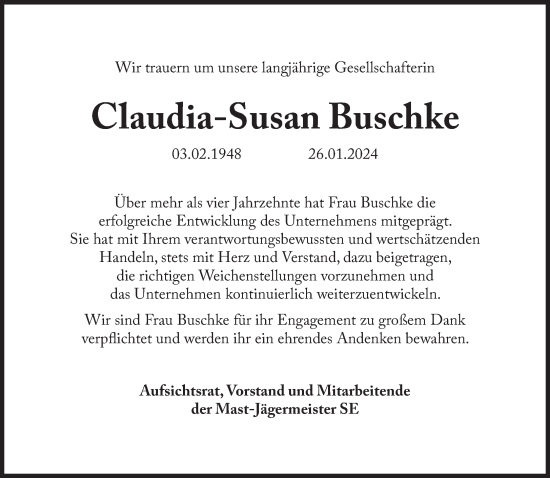 Traueranzeige von Claudia-Susan Buschke von Süddeutsche Zeitung