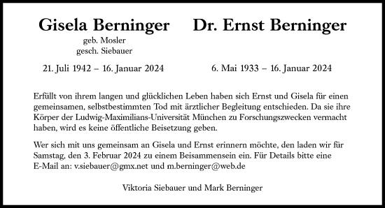 Traueranzeige von Ernst Berninger von Süddeutsche Zeitung