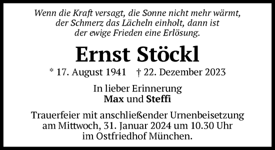 Traueranzeige von Ernst Stöckl von Süddeutsche Zeitung
