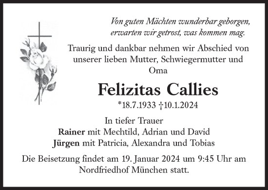 Traueranzeige von Felizitas Callies von Süddeutsche Zeitung