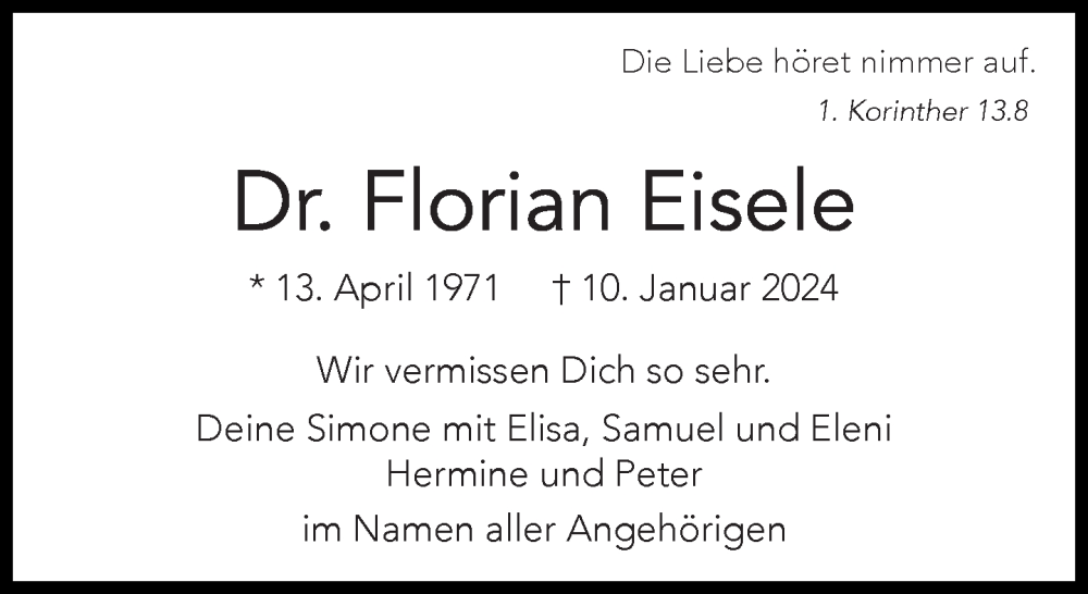  Traueranzeige für Florian Eisele vom 20.01.2024 aus Süddeutsche Zeitung