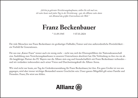 Traueranzeige von Franz Beckenbauer von Süddeutsche Zeitung